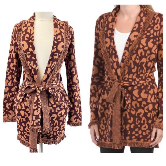 525 Fringe Cardigan Sweater Womens Medium Belted Fringe Bohemian Leopard Mobwife - Picture 1 of 12